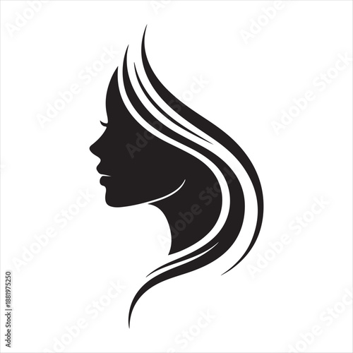 Elegant black silhouette of a woman s face and flowing wavy hair