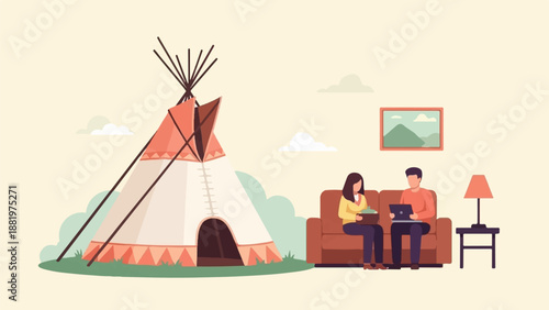 Two people sitting on a sofa indoors with a teepee and nature painting