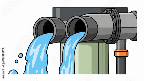 Two pipes discharge blue water, with bubbles near the left pipe