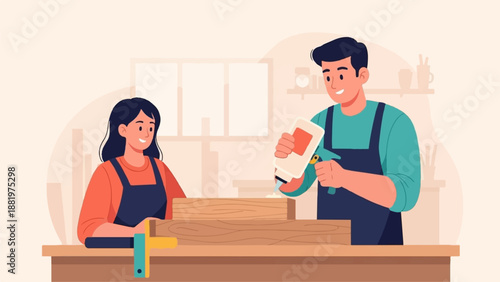 Two people working together on a woodworking project applying glue