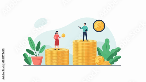 Two people stand on piles of coins, with plants and money symbols