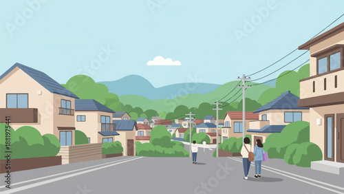 Two people stroll down a quiet, tree-lined suburban street with houses