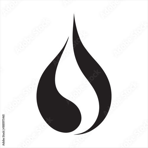 A simple black silhouette of a stylized flame or teardrop shape graphic