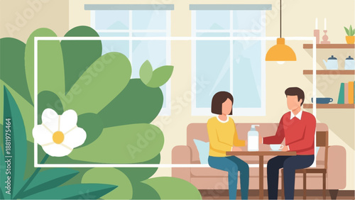 Two people talk in a cafe with plants and a bookshelf