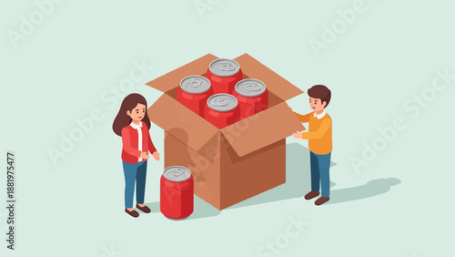 Two people unpack a box full of red beverage cans