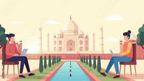 Two people with laptops sit in chairs facing a majestic historical monument