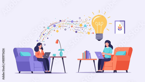 Two women in cozy chairs work on laptops, sparking ideas into a lightbulb