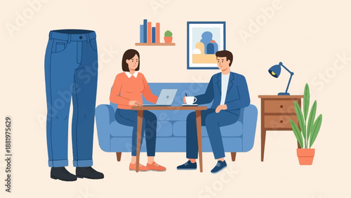 Two people work and chat on a couch in a room with a large pair of jeans