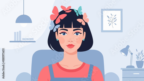 Woman with butterflies in hair sits in a room with a lamp and plant