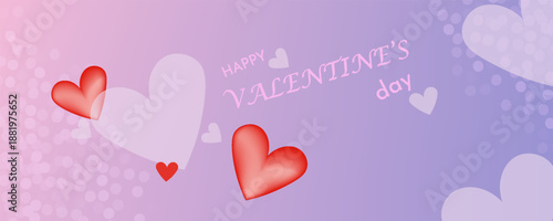 Valentines Day greeting banner with glass morphism effect. 3D red, pink, gold hearts, soft purple background, and heart shape made of matte translucent glass with sparkling edges. Vector illustration