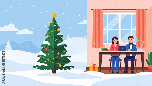 Two people work inside while a snowy Christmas tree stands outside