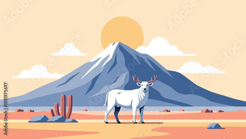 White deer stands in arid landscape with mountain and sun