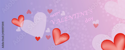 Valentines Day greeting banner with glass morphism effect. 3D red, pink, gold hearts, soft purple background, and heart shape made of matte translucent glass with sparkling edges. Vector illustration