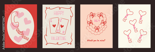 Set of vintage greeting cards for Valentine's Day in coquette style. Romantic border with cake, frame invitation, bow in the la Dolce Vita aesthetic. Vector doodle hand drawn whimsical illustration.