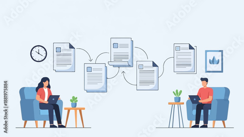 Two people work on laptops, documents flow between them