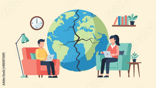 Two people work on laptops by a cracked globe in a cozy room setting