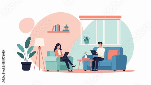 Two people work on laptops in a cozy living room with plants and books