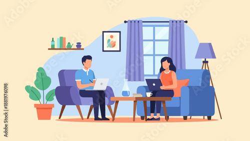 Two people work on laptops in a cozy living room, with plants and books