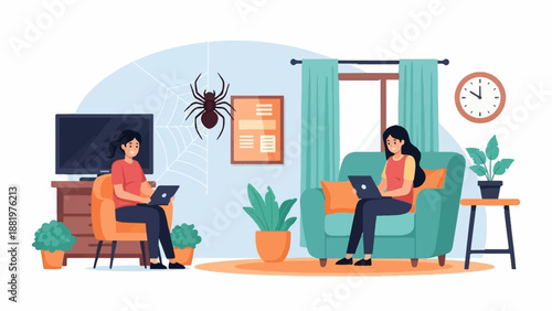 Two women work on laptops in a room with a spider web
