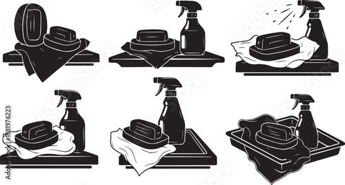 Cleaning supplies and tools for bathroom hygiene routine setup