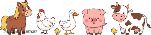 Farm animal vector set with cute horse cow pig duck and chicken isolated on white