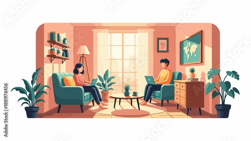 Two people work on laptops in a cozy, sunlit living room with plants