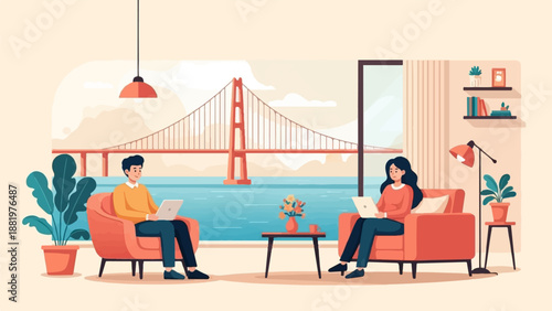 Two people work on laptops in a living room with a bridge view