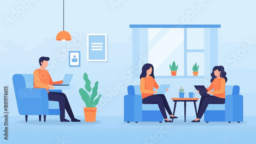 Two people work on laptops in a modern living room with plants and art