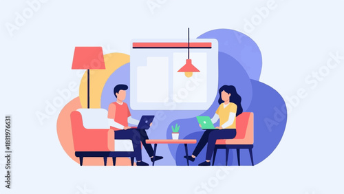 Two people work on laptops in a modern, stylized interior