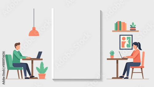 Two people working remotely on laptops at tables in a modern, minimalist indoor space