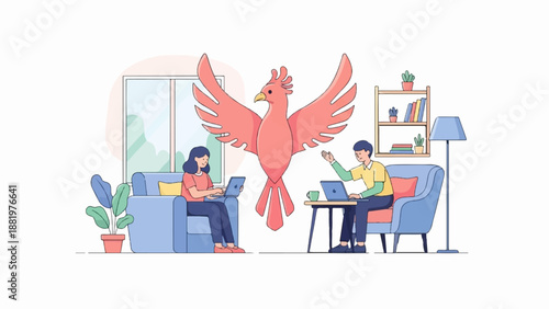 Two people work on laptops in a room with a large bird above