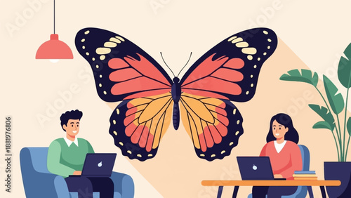 Two people work on laptops near a large butterfly artwork and a plant
