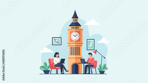 Two people work on laptops near a large clock tower in a stylized setting