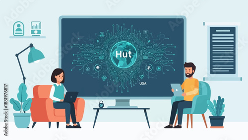 Two people work on laptops near a large screen showing a futuristic globe and circuitry