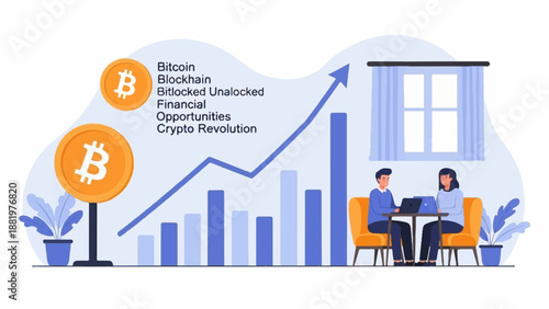 Two people work on laptops near a window and a financial graph