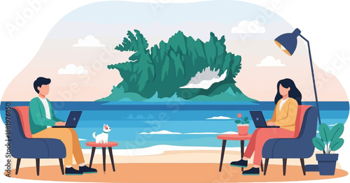 Two people work on laptops on a beach with a dog and a scenic island