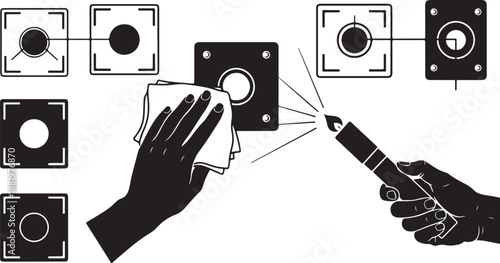 Hands interacting with camera lens and filter squares