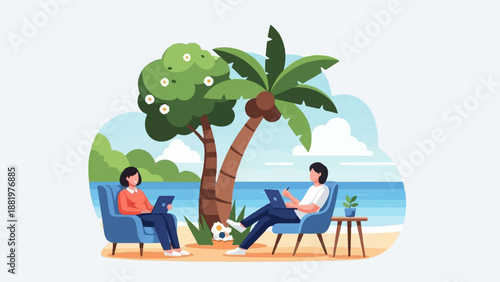 Two people work on laptops on a tropical beach, relaxing