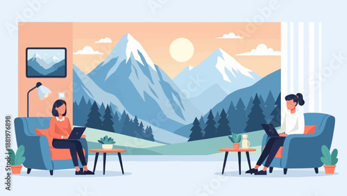 Two women work on laptops in cozy chairs with mountain views