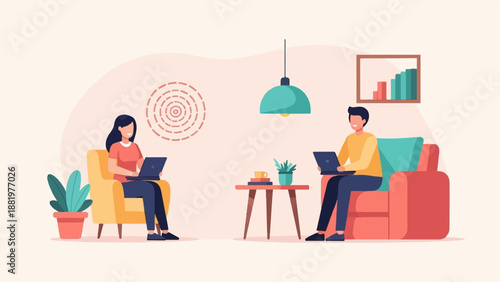 Two people work on laptops while relaxing in armchairs in a cozy room
