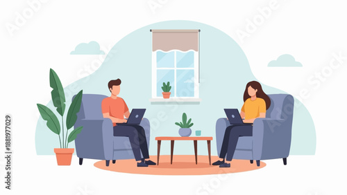 Two people work on laptops while relaxing in armchairs at home