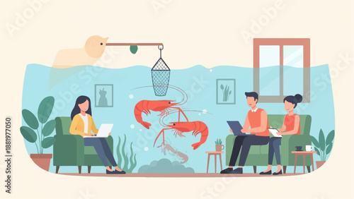 Two people work on laptops, while shrimp swim in a fish tank
