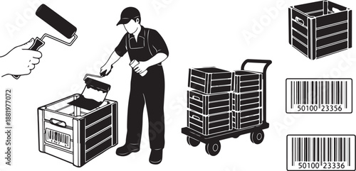Worker painting and labeling storage crates with barcode stickers