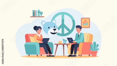 Two people work on laptops while sitting in comfy chairs in a room with a peace sign and teddy bear