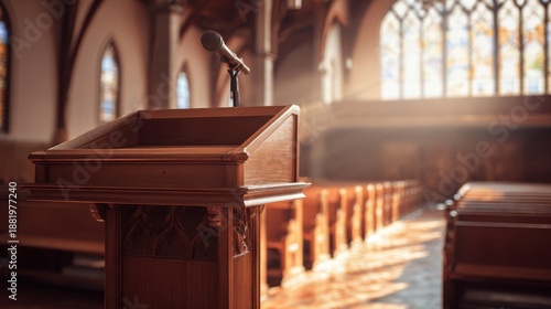 Wallpaper Mural The lectern in a sunlit historic church sanctuary with microphone and empty pews Torontodigital.ca
