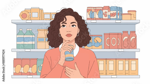 Woman with curly hair holds a drink in front of supermarket shelves