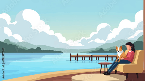 Woman with dog relaxing on a dock by a calm lake, mountains in background