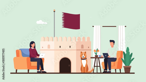Two people working remotely from home near a castle with a flag and a dog