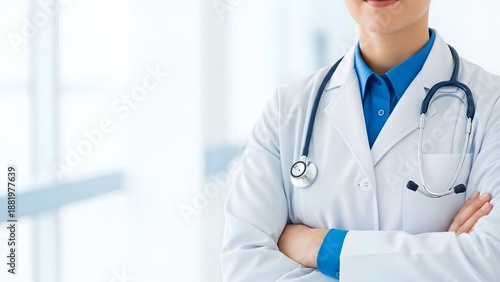 A smiling doctor in a white lab coat with a stethoscope around their neck standing confidently in a bright office