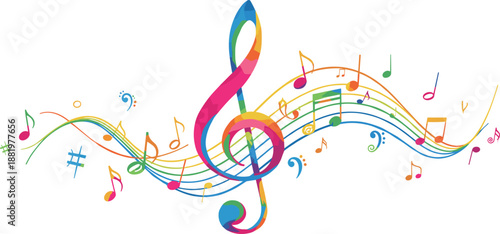 Colorful, abstract music notes illustration with treble clef flowing melody waves modern artistic design for sound harmony creativity background digital vibrant rhythm art composition